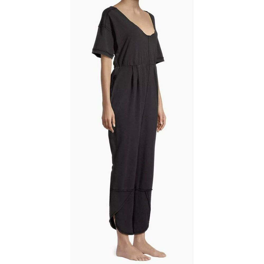 Free People Black Cotton Jumpsuit Good Side Relaxed Plunge Back NWT Large